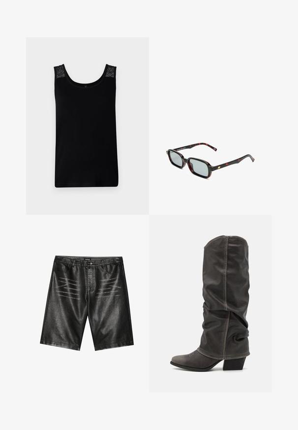 Svart linne i mjukt tyg med spetsdetaljer på axlarna och rund halsringning. Enkelt design med rak skärning.; Svarta shorts i konstläder med en slät textur, fem fickor och subtila randdetaljer framtill. Klassisk rak skärning.; Grå läderstövlar i kalvhöjd med en avslappnad design, spetsig tå och staplad klack. Anmärkningsvärt sömdetalj på tåområdet.; Solförsedda med rektangulära svarta och röda mönstrade bågar, grå linser och guldaccent på templen. Designen är elegant och modern.; Väskan i ormtryck har ett böjt handtag. Den är tillverkad av strukturerade, beige och bruna material och har ett distinkt diamantsmönster.