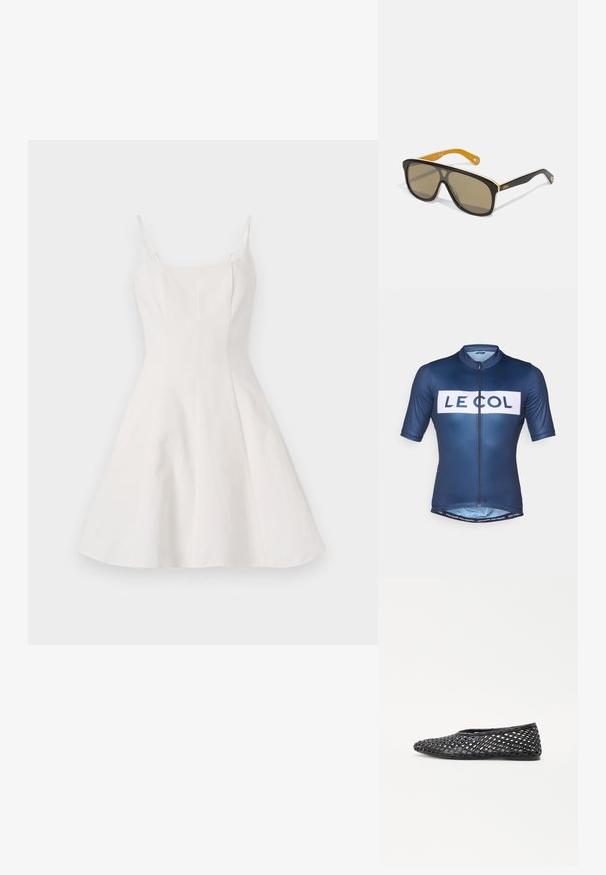 Sötétkék kerékpáros mez sima, könnyű anyagból; rövid ujjú; elülső cipzárral; középen fehér "LE COL" felirat található a mellrészen.; Fehér A vonalú ruha vékony pántokkal, formálisan illeszkedő felsőrésszel és bővülő szoknyával. Simaság jellemzi a szövetét, letisztult, minimalista dizájnnal.; Fekete szőtt slip-on cipő, rácsos mintázattal, lapos talppal és sima gumiból készült anyaggal, amely légáteresztő és rugalmas.; Fekete, oversized napszemüveg barna lencsékkel, fehér díszítéssel a kereten és kontrasztos sárga fülekkel. A márka logója látható.