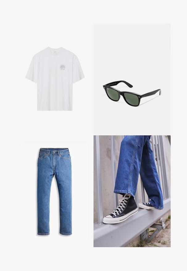 Camiseta de algodón blanca con mangas cortas, que presenta un gráfico del sol en negro en la parte izquierda del pecho, y el texto "NAVEGA EL COSMOS" debajo.; Jeans de mezclilla azul con corte recto, que cuentan con cinco bolsillos, cierre de botón y acentos de costura naranja sobre un fondo blanco limpio.; Zapatillas de deporte negras de caña alta con suela y cordones blancos, combinadas con unos vaqueros de denim azul holgados, apoyadas en una barandilla gris.; Gafas de sol de plástico negro con lentes verdes, montura cuadrada, acento plateado en la ceja y brazos texturizados. Marca indicada en el brazo interno.