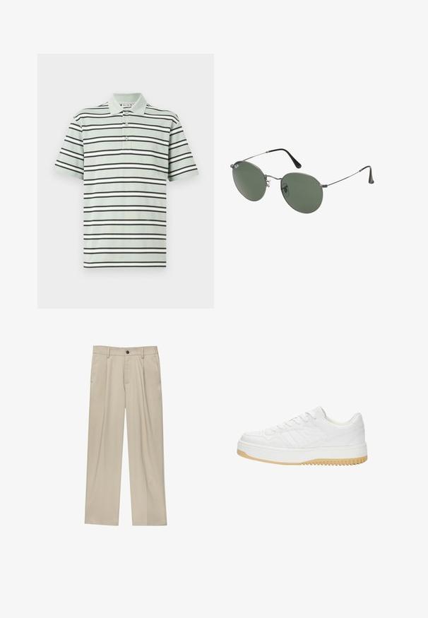 Pruhovaný polo shirt ve světle zelené barvě, s černými a bílými horizontálními pruhy. Tři knoflíky a krátké rukávy. Bavlněná textura.; Béžové kalhoty klasického střihu, se jedním černým knoflíkem, poutky na opasek a bočními kapsami. Hladká textilie a minimalistický design.; Bílé kožené tenisky s texturovaným povrchem, vybavené gumovou podrážkou, šněrovacím designem a jemnými proužkovými akcenty po stranách.; Sluneční brýle s kovovým rámem a oválnými zelenými skly. Tenký stříbrný kovový rám a černé chrániče uší. Minimalistický design, žádné viditelné logo.