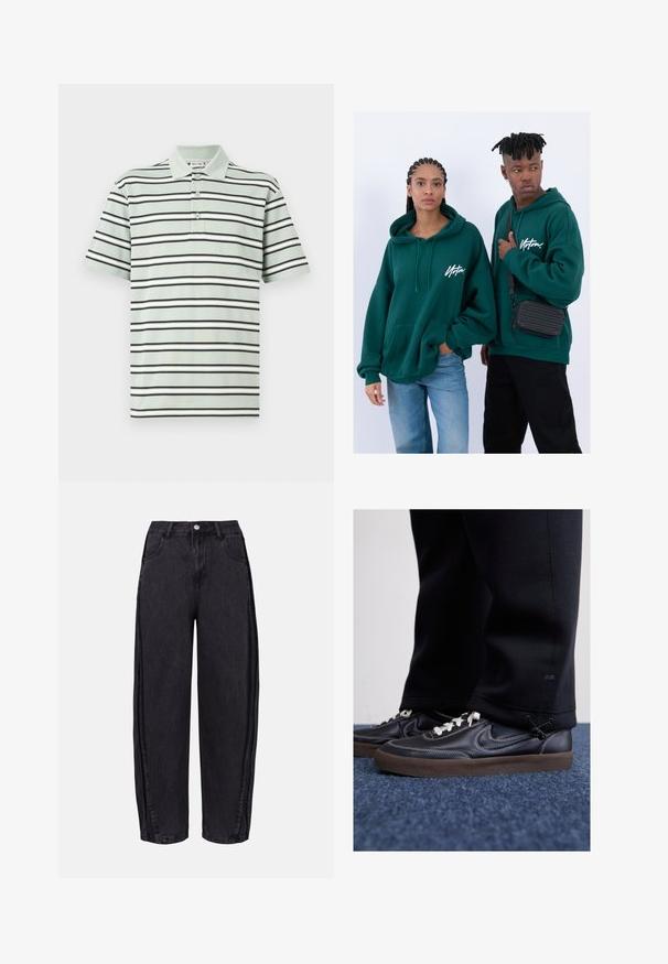 Polo de rayas en verde claro, con rayas horizontales en negro y blanco. Tapeta de tres botones y mangas cortas. Textura de algodón.; Jeans de pierna ancha negros, fabricados en denim con una textura suave. Presentan una cintura alta, bolsillos frontales y cierre de botón en la cintura.; Nike Sportswear KILLSHOT 2 LTR PRM OPP2 - Zapatillas - black sail baroque brown mtlc dk grey; Sudaderas con capucha verdes y bolsillos frontales, de ajuste holgado. Un modelo lleva jeans negros, el otro lleva un bolso cruzado negro.