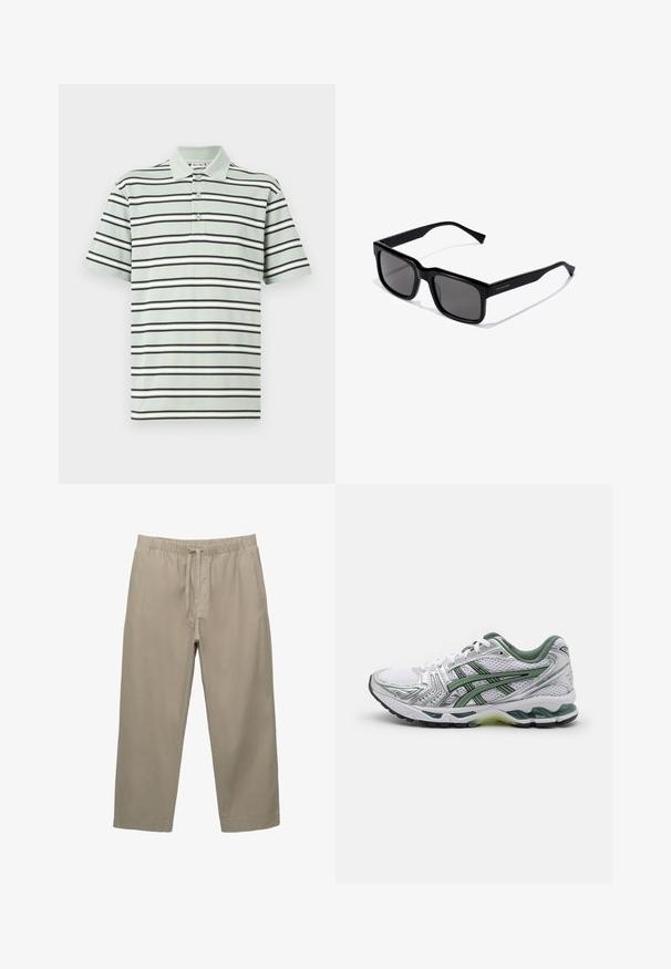 Prugasta polo majica svijetlo zelene boje, s crnim i bijelim horizontalnim prugama. Plaket s tri gumba i kratkim rukavima. Pamuk.; Bež pamuk hlače s elastičnim pojasom i podesivom špagom. Ravnog kroja s bočnim džepovima i glatkom teksturom.; Bijela trkačka cipela s srebrnim detaljima, zelenim mrežastim ovratnikom i zelenim prugama. Ima teksturirani mrežasti gornji dio i podstavljeni potplat.; Crne pravokutne naočale s tamnim lećama; okvir od sjajnog plastike s ravnim naramnicama i suptilnim detaljem logotipa sa strane.