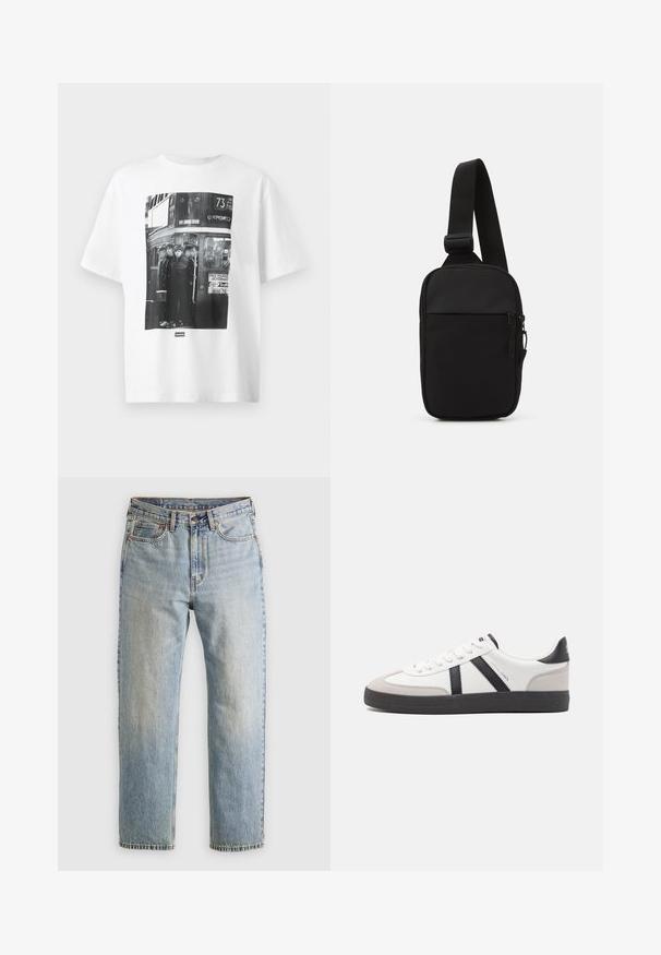 White cotton t-shirt with a black-and-white photo print of four figures on a bus, featuring text and graphics related to a theater and bus route.; Light blue denim jeans with high waist, front button, zipper, and five-pocket design, laid flat on a neutral background.; White sneaker with black and gray accents, featuring a textured gray toe cap, black rubber sole, and flat white laces. Clean design, minimalist style.; Black crossbody bag made of durable fabric, featuring a single adjustable strap, a zippered main compartment, and a front pocket.