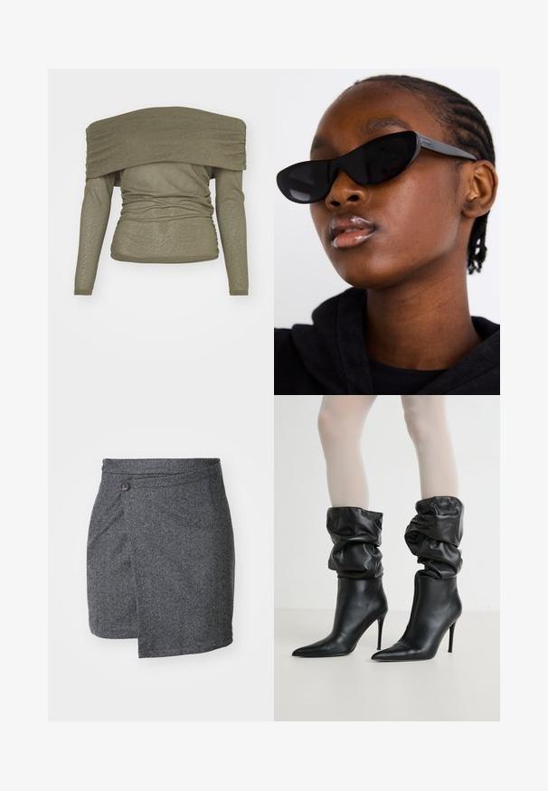 Olive green long-sleeve top with an off-the-shoulder design, gathered texture, and a fitted silhouette. Soft, lightweight material.; Grey herringbone wrap skirt made from textured wool fabric, featuring a single button closure at the waist and an asymmetrical hemline.; Black leather ankle boots with a slouchy design, pointed toe, and high stiletto heel, featuring a soft, textured finish around the cuff.; Black cat-eye sunglasses with a matte finish, featuring a sleek design and gently curved edges, set against a model's dark clothing.