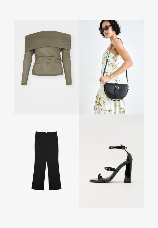 Olivi vihreä pitkähihainen paita, jossa on olkapäiltä paljastava muotoilu, rypytetty tekstuuri ja slim fit -kuosi. Pehmeä, kevyt materiaali.; Mustat housut suoralinjaisella leikkauksella, joissa on etutaskut ja sivurei'ät helman alla. Valmistettu pehmeästä ja sileästä kankaasta. Sopii eri tilaisuuksiin.; Musta kiiltävä korkokenkä sandaalit neliönmuotoisella varpaalla, nilkkaremmillä ja hopeisilla soljilla. Varustettu tukevalla lohkokorkealla vakauden takaamiseksi.; Musta nahkainen käsilaukku, joka on kaareva muotoilultaan, irrotettavalla hihnalla ja kultaisilla yksityiskohdilla. Laukussa on läppä, jossa on solk yksityiskohta.