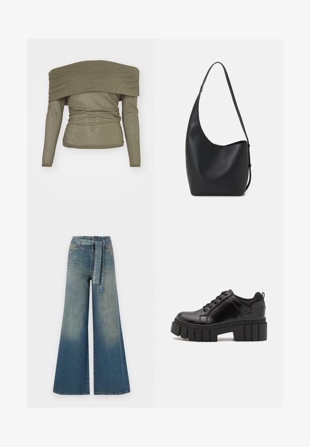 Olivegrünes Langarmoberteil mit schulterfreier Design, geraffter Textur und taillierter Silhouette. Weiches, leichtes Material.; Weit geschnittene Denim-Hosen mit einem Farbverlauf von hellblau zu dunkelblau, hoher Taille, Gürtelschlaufen und einem passenden Stoffgürtel. Strukturierte Denim-Oberfläche.; Schwarze Lederplateauschuhe mit klobigem Blockabsatz, runder Zehenpartie und traditionellem Schnürdesign. Verfügt über eine glatte Textur und minimale Details.; Schwarze Leder-Hobo-Tasche mit einer glatten Textur, geschwungener Form und einem einzelnen verstellbaren Tragegurt; verfügt über eine weite Öffnung am oberen Ende.