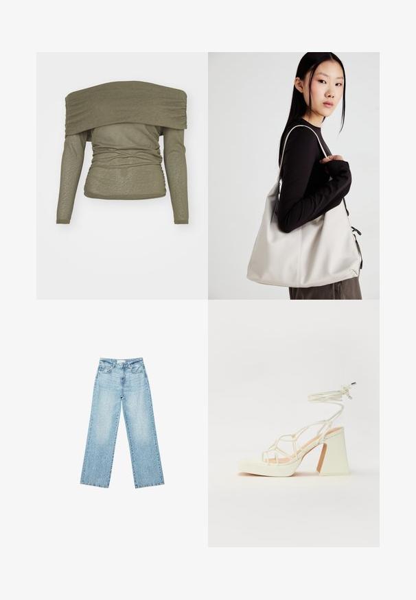 Olivovo zelený top s dlhým rukávom a strihom s odhalenými ramenami, so zoskrutkovanou textúrou a priliehavým strihom. Mäkký, ľahký materiál.; Svetlomodré džíny s širokými nohavicami a vysokým pásom, so zosvetlenou úpravou a malými, rozptýlenými poškodenými detailmi po celom obvode.; Biele sandále na vysokom opätku s hrubým podpätkom, s pruhovaným dizajnom a viazaním na členku. Hladký povrch s platformou vpredu pre zvýšenú výšku.; Béžová kabelka vyrobená z mäkkého materiálu, s uvoľneným dizajnom, prišitými detailmi a dvoma popruhmi na nosenie na pleciach. Vhodná na každodenné nosenie.