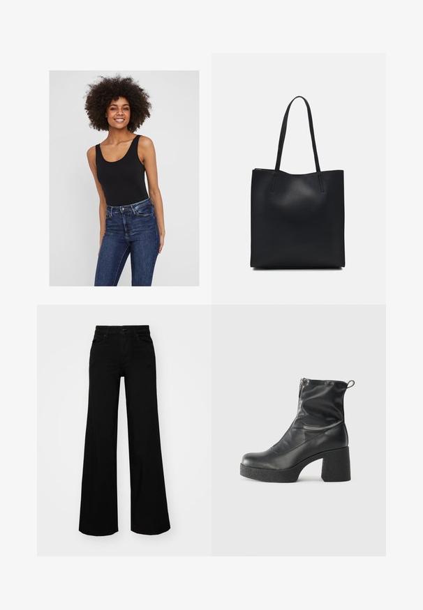 Body noir sans manches avec un col arrondi, associé à un jean en denim bleu foncé. Tissu lisse avec une coupe ajustée et un minimum de détails.; Pantalons large en denim noir, dotés d'une taille structurée, de passants de ceinture et de poches avant. Texture lisse avec un design classique.; Bottes noires à la cheville en cuir lisse, dotées d'une fermeture éclair sur le côté, d'un talon épais texturé et d'une conception à bout rond.; Sac fourre-tout en cuir noir avec une texture lisse, de forme rectangulaire et deux longues poignées. Pas de matériel ou d'ornementations visibles.