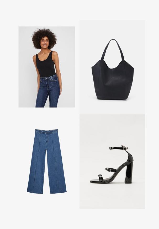 Schwarzer ärmelloser Bodysuit mit rundem Ausschnitt, kombiniert mit dunkelblauer Jeans. Glatte Stoffqualität mit figurschnittbetonter Passform und minimalen Details.; Weite Jeans aus Denim in Mittelblau, mit hoher Taille, Knopfverschluss und kontrastierenden vertikalen Nahtdetails an der Vorderseite.; Schwarze patentierte Sandalen mit Absatz, quadratischer Spitze, Knöchelriemen und silbernen Schnallen. Mit einem stabilen Blockabsatz für mehr Stabilität.; Schwarze Tote-Bag aus glattem Leder, mit einem abgerundeten, offenen Oberteil, zwei Schulterträgern und einem minimalistischen Design.