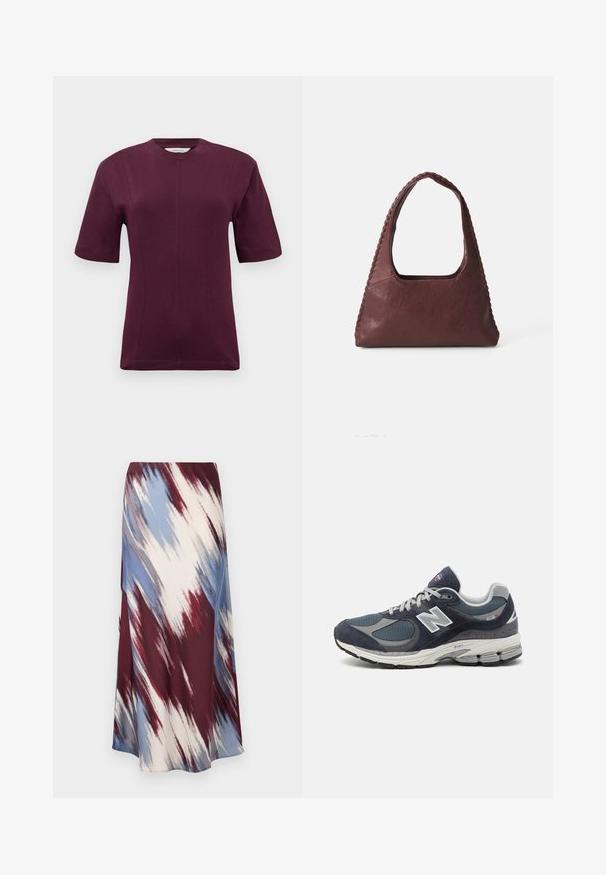 Krátký rukáv vínového trička vyrobeného z hladké bavlněné tkaniny, s kulatým výstřihem a jemným švem v přední části.; Dlouhá sukně s diagonálním tie-dye vzorem v burgundské, modré a krémové barvě, vyrobená z měkké tkaniny s volným silhouette a mírným leskem.; Tenisky New Balance s horní částí ze síťoviny a semíš, navy barvy, šedé akcenty, bílé logo, polstrovanou podrážkou a texturovanými detaily.; Burgundská kožená kabelka trojúhelníkového tvaru, s otevřeným topem a tkaným detailem podél rukojeti. Hladký povrch s matným finišem.