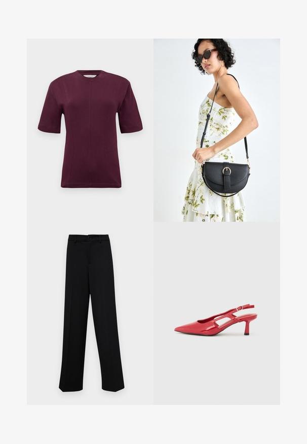 Īsām piedurkņu mohēras t-krekls, kas izgatavots no gludas kokvilnas auduma, ar apaļu kakla izgriezumu un smalkām šuvēm priekšpusē.; Melnas platajās bikses, kas izgatavotas no gludas auduma, ar klasisku jostu un pogu aizdari, kā arī priekšējām kroku detalizācijām.; Sarkans lakots ādas kurpes ar atvērtu papēdi, ar smailu purngalu un izgriezumiem gaisa cirkulācijai. Regulējama siksniņa drošai piegulēšanai.; Melnas ādas rokassoma ar izliekta formu, noņemamu siksnu un zelta aksesuāriem. Somai ir vāciņš ar sprādzes detaļu.