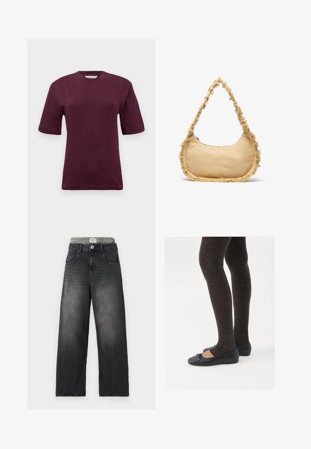 Short-sleeved maroon t-shirt made from smooth cotton fabric, featuring a round neckline and subtle seam detailing on the front.; Black denim wide-leg jeans with a houndstooth patterned waistband. Features include front pockets and a button closure. Distressed texture.; Black flat shoes with a small bow detail at the toe, paired with dark brown ribbed tights. Shoes have a smooth texture and low profile.; Textured beige bag with a rounded shape, frayed trim along the edges, and a short strap for carrying. Zippered opening at the top.