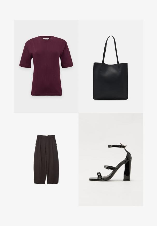 Kratka rukava temno rdeča majica iz gladkega bombažnega materiala, s krožnim ovratnikom in subtilno šivano podrobnostjo spredaj.; Črne široke hlače iz gladkega materiala, z visokim pasom, zgornjimi pregibi in stranskimi žepi. Preprost dizajn brez okrasnih elementov.; Črne lakirane sandale s peto, kvadratnim prstom, trakovi okrog gležnja in srebrnimi zaponkami. Opremljene so s stabilno Debelo peto.; Črna usnjena torba s svilnato teksturo, pravokotne oblike in dvema dolgima ročajema. Brez vidnih metalnih delov ali okrasnih elementov.