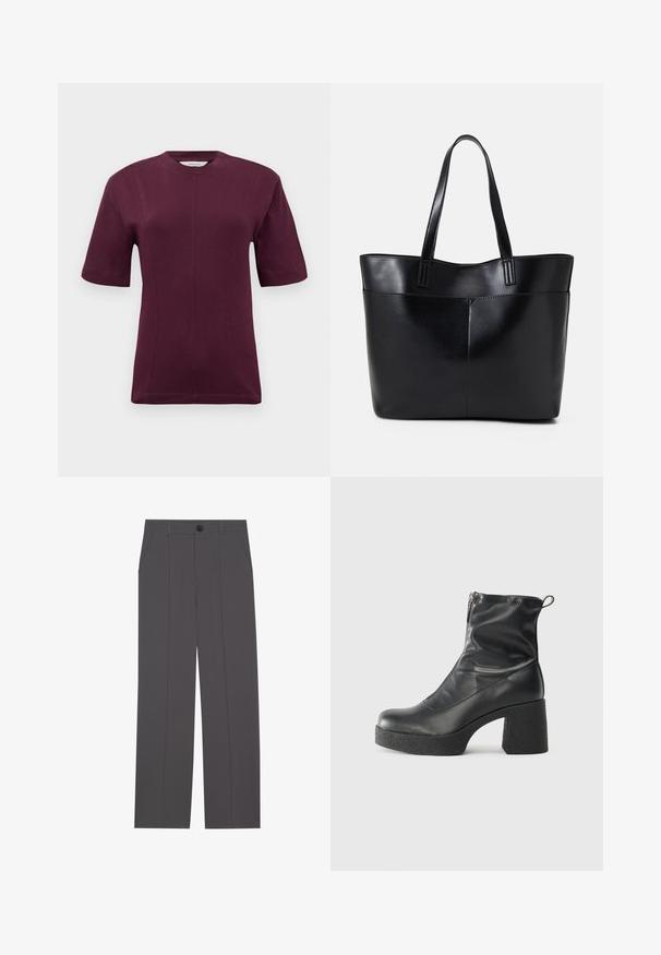 Short-sleeved maroon t-shirt made from smooth cotton fabric, featuring a round neckline and subtle seam detailing on the front.; Grey trousers with a straight leg design, featuring two side pockets and a button closure. Smooth fabric with no visible patterns or accents.; Black ankle boots made of smooth leather, featuring a side zipper, chunky textured heel, and rounded toe design.; Black leather tote bag with two long handles, a smooth texture, and a structured shape. Features a front pocket for additional storage.