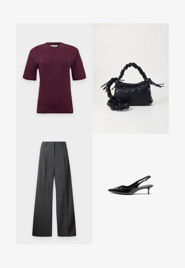 T-shirt de manga curta em cor vinho, feito de um tecido de algodão suave, com um decote redondo e um detalhe de costura subtil na parte da frente.; Calças de perna larga em tecido cinza escuro, apresentando uma cintura alta, pregas simples e uma textura suave com um acabamento limpo nas bainhas.; Sapatos de salto alto slingback em couro preto com bico fino, pequeno salto kitten e um detalhe decorativo em forma de nó na parte da frente. Textura suave em toda a parte.; Bolsa de mão em couro sintético preto com textura de crocodilo, topo franzido e alça enrugada. Apresenta um design suave e compacto.