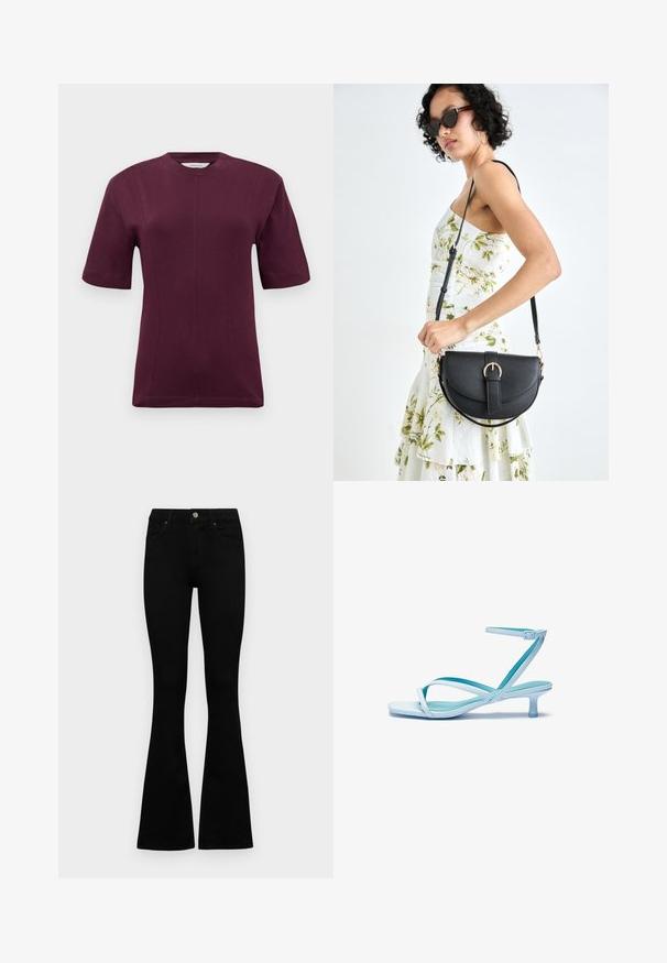Camiseta de manga corta color marrón burdeos, confeccionada con suave tela de algodón, que presenta un escote redondo y detalles de costura sutiles en la parte delantera.; Jeans negros de cintura alta con cierre de botón y cremallera, bolsillos frontales y piernas acampanadas, dispuestos sobre un fondo blanco.; Sandalia de tiras en azul claro con punta cuadrada, tacón bajo, correa de tobillo ajustable y acabado suave y brillante. Tiras cruzadas en la plantilla.; Bolso de piel negra con forma curva, correa desmontable y herrajes dorados. El bolso cuenta con una solapa con un detalle de hebilla.