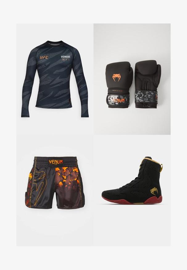 Venum UFC FIGHT WEEK RASHGUARDS - Pikkade varrukatega topp - urban camo; Mustmust ja oranžid Venum'i lühikesed püksid, millel on läikiv viimistlus, kontrastsed kamoflaažmustrid ja elastne vöökoht logode detailidega.; Korkeatutine sportlik king, musta võrkkangaga ja sünteetilisest materjalist, tekstuursete detailidega, punase kummitaldiga ja kuldsete aktsentidega pahkluu piirkonnas.; Mustavad krossimise kinnased, millel on mati viimistlusega ja ergonoomiline disain. Oranž logo detail ja kamuflaažimuster randmetrasside peal.