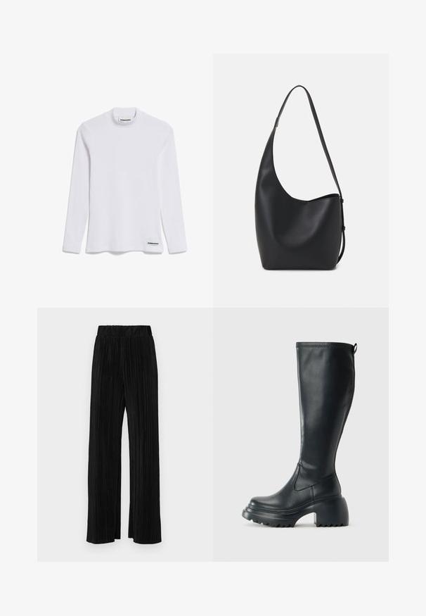 Langärmliges weißes Top aus geripptem Baumwollstoff. Verfügt über einen hohen Kragen und ein kleines schwarzes Etikett mit "ARMEDANGELS" am unteren Saum.; Schwarze plissierte Hose mit elastischem Bund. Verfügt über weite Hosenbeine und einen glatten, strukturierten Stoff mit vertikalen Streifen.; Hoher schwarzer Lederstiefel mit einer robusten Plateausohle und Blockabsatz, der über eine Zuglasche und ein strukturiertes Profil an der Außensohle verfügt.; Schwarze Leder-Hobo-Tasche mit einer glatten Textur, geschwungener Form und einem einzelnen verstellbaren Tragegurt; verfügt über eine weite Öffnung am oberen Ende.