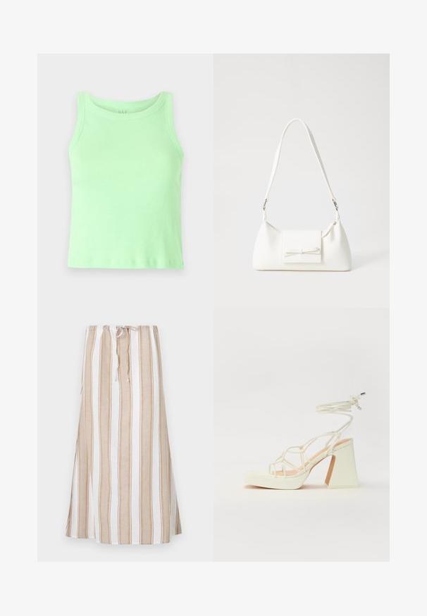 Svetlozelený rebrovaný top bez rukávov s okrúhlym výstrihom. Materiál vyzerá mäkko s miernym elastickým efektom a hladkou textúrou.; Prúžkovaná sukňa v bielej a svetlo hnedej farbe s pásom na sťahovanie a dlhým, voľným strihom. Vyrobená z ľahkej tkaniny s uvoľneným strihom.; Biele sandále na vysokom opätku s hrubým podpätkom, s pruhovaným dizajnom a viazaním na členku. Hladký povrch s platformou vpredu pre zvýšenú výšku.; Biela syntetická kabelka s trojuholníkovým tvarom, plochým predným klapkou a detailom mašle, nastaviteľným popruhom, hladkou textúrou a minimalistickým dizajnom.