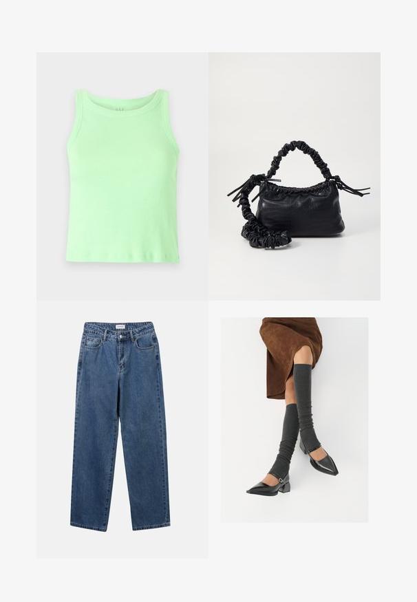 Šviesiai žalia raukšlėta gipso liemenėlė su apvaliu iškirpimu ir be rankovių dizainu. Audinys atrodo minkštas, šiek tiek tamprus ir lygus.; Klasikiniai mėlynos džinsinio audinio džinsai su tiesiomis kojomis, penkiomis kišenėmis ir mygtukų uždarymu. Pasižymi vidutiniu skalbimu ir tvirtu audiniu.; Juodi lakuoti odiniai batai su aštriu kuma ir bloko kulnu, derinami su pilkais riebiais kojų šildytuvais ir rudais zomšiniais sijonais.; Juodas dirbtinės odos rankinė su krokodilo tekstūra, sušnibždinta viršuje ir susikraipytu dirželiu. Atrodo minkšta ir kompaktiška.