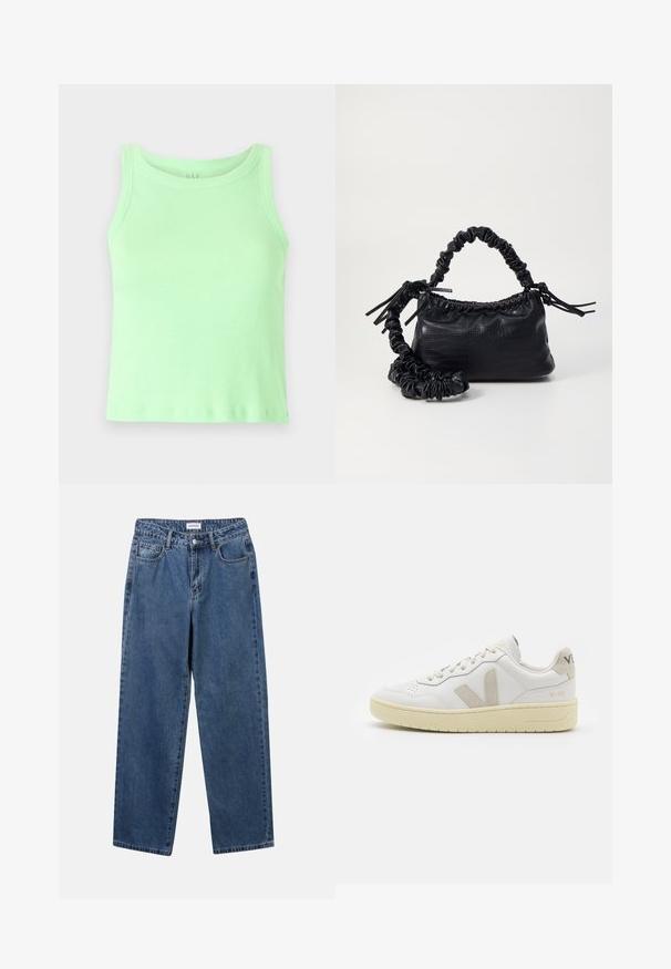 Light green ribbed tank top with a rounded neckline and sleeveless design. Fabric appears soft with a slight stretch and smooth texture.; Classic blue denim jeans with a straight-leg design, five pockets, and a button closure. Features a medium wash and sturdy texture.; White leather sneaker with beige suede accents, perforated toe box, flat laces, and a textured cream sole. Features subtle branding on heel.; Black faux leather handbag with a crocodile texture, cinched top, and a scrunched strap. Appears soft and compact in design.