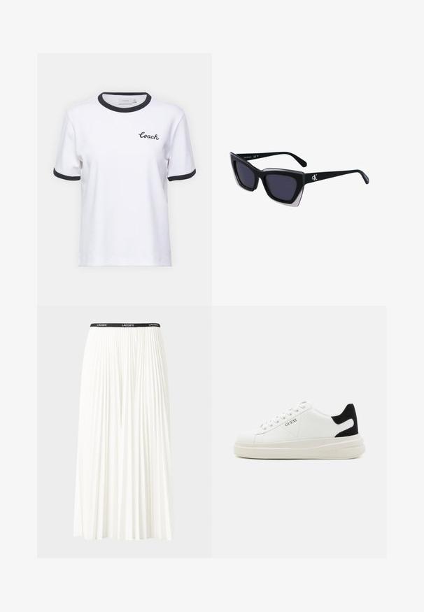 Bela bombažna majica s črnim obročem in manšetami. Ima vezeno logo "Coach" na prsih. Kratke rokave, sproščen kroj.; Gubasta bela krila z črnim elastičnim pasom, ki nosi logotip "LACOSTE". Srednje dolga zasnova z mehkobo tkanine.; Bele usnjene športne copate z debelim belim podplatom, črnimi semišnimi detajli na peti in utisnjenim logotipom na strani. Zavezovanje s šestimi luknjicami.; Črne prevelike sončne očala geometrijske oblike, z temnimi lečami in kontrastno sivo podrobnostjo na okvirju. Logo na ročaju.