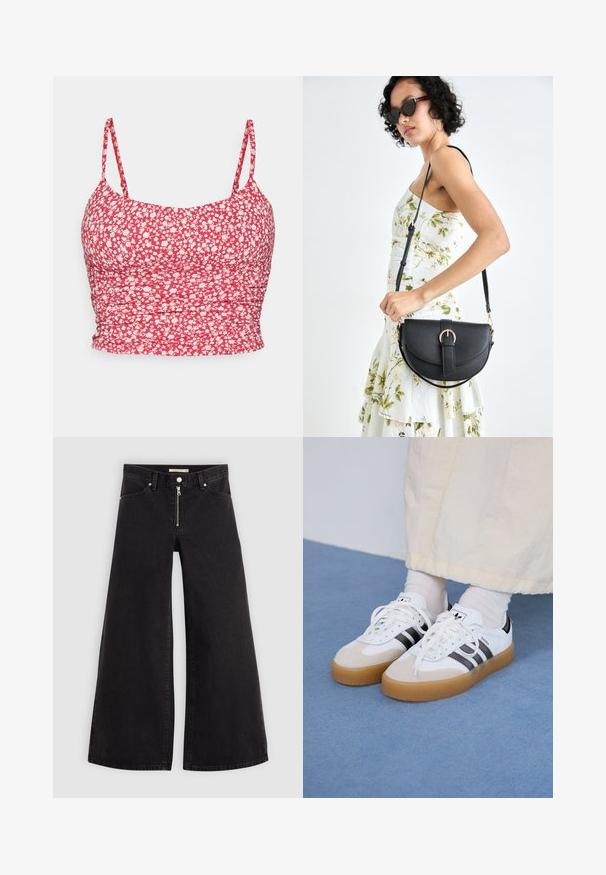 Top cropped vermelho com flores e alças finas. O tecido possui um padrão de flores brancas e uma textura franzida nas laterais para um ajuste justo.; Calças de ganga de perna larga em denim preto com fecho éclair à frente, design de cinco bolsos e detalhes de costura subtil. Textura suave e estilo casual.; Ténis brancos com riscas pretas e detalhes em camurça bege. Apresentam uma sola de borracha texturizada e atacadores brancos lisos, usados com meias de tom claro.; Bolsa de couro preta com forma curva, alça destacável e detalhes em dourado. A bolsa possui uma aba com detalhe de fivela.