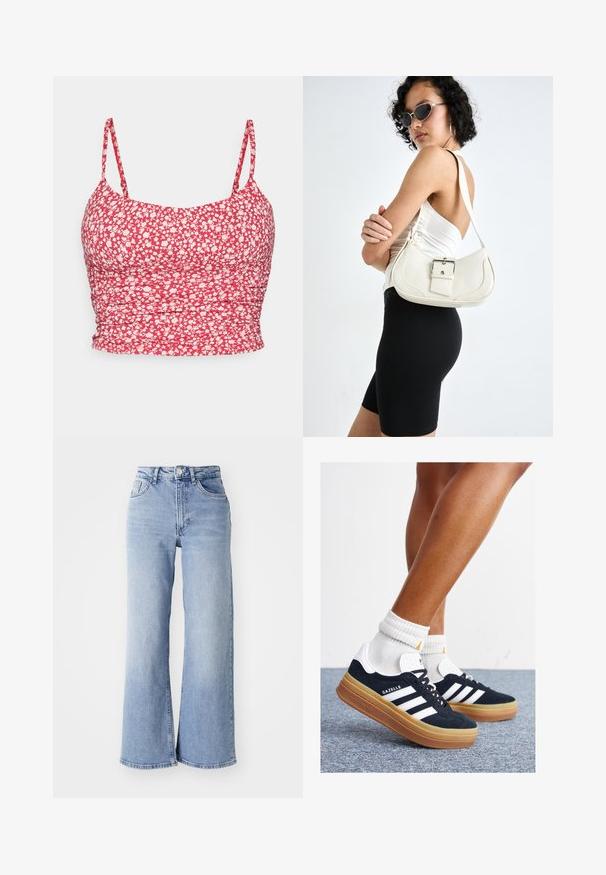 Red floral crop top with thin straps. The fabric features a white flower pattern and ruched texture along the sides for a fitted look.; Light blue high-waist wide-leg jeans with front and back pockets, button closure, and subtle fading on the thighs and hems.; Black suede sneakers with white stripes and accents, rounded toe, gum rubber outsole, paired with white ribbed crew socks.; White leather handbag with a curved shape, adjustable strap, and a small buckle detail. Model wears a fitted black outfit.