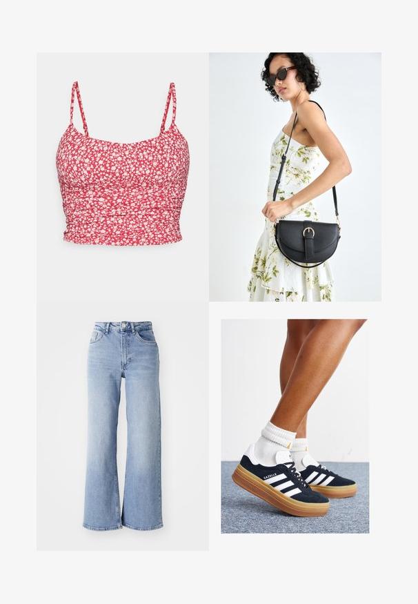 Red floral crop top with thin straps. The fabric features a white flower pattern and ruched texture along the sides for a fitted look.; Light blue high-waist wide-leg jeans with front and back pockets, button closure, and subtle fading on the thighs and hems.; Black suede sneakers with white stripes and accents, rounded toe, gum rubber outsole, paired with white ribbed crew socks.; Black leather handbag with a curved shape, detachable strap, and gold hardware. The bag features a flap with a buckle detail.