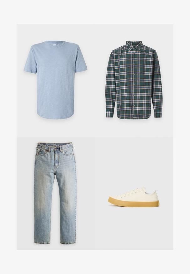 Gai zils īsām piedurknēm T-krekls, kas izgatavots no mīkstas auduma, ar apļa izgriezumu un taisnu apakšmalu ar smalku tekstūru.; Zaļš flaneļa krekls ar ietērpu, kurā ir zila, balta un sinepju dzeltena krāsa. Ar pogām aizdaram un uzgaļotām apkaklēm. Garas piedurknes.; Gai zila denima bikses ar augstu jostasvietu, priekšējo pogu, rāvējslēdzēju un piecu kabatu dizainu, izlīdzinātas uz neitrāla fona.; Kanvasas tenisa apavi ofē un balta krāsā ar apaļu purngali, ar beicu gumijas zole un piecām acīm šņorēšanai, teksturēta virsma augšdaļā.