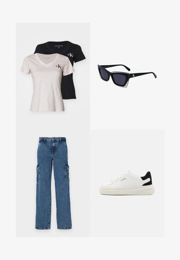 Dve tričká s výstrihom do V: jedno béžové, druhé čierne. Obe majú krátke rukávy a malé logo "CK" na hrudi; vyrobené z hladkej bavlnenej tkaniny.; Modré denimové cargo nohavice s voľným strihom, ktoré majú dve bočné vrecká, zosilnené švy a rovný strih nohavíc.; Biele kožené tenisky s hrubou bielou podrážkou, čiernym zamekom na päte a vyrazeným logom na boku. Šnurovací dizajn so šiestimi očkami.; Čierne oversized slnečné okuliare s geometrickým tvarom, s tmavými šošovkami a kontrastným šedým detailom na ráme. Logo na mostíku.