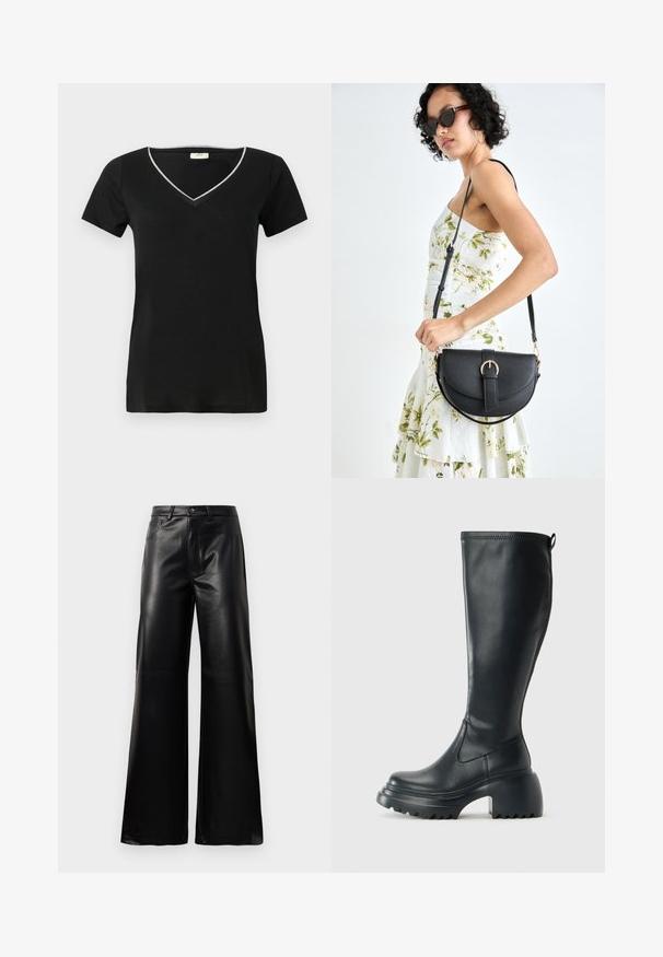 Tricou negru cu guler în V, mâneci scurte, un margină contrastantă de argint pe de-a lungul gulerului și o textură moale și netedă.; Pantaloni negri cu talie înaltă, largi, din piele sintetică, cu nasture frontal, închidere cu fermoar, bucle pentru centură și buzunare laterale pe fundal alb.; Cizme lungi din piele neagră cu talpă platformă masivă și tocul pătrat, având un tab de tragere și un model texturat pe talpa exterioară.; Geantă din piele neagră, cu o formă curbată, curea detașabilă și accesorii aurii. Geanta are un capac cu un detaliu tip cataramă.