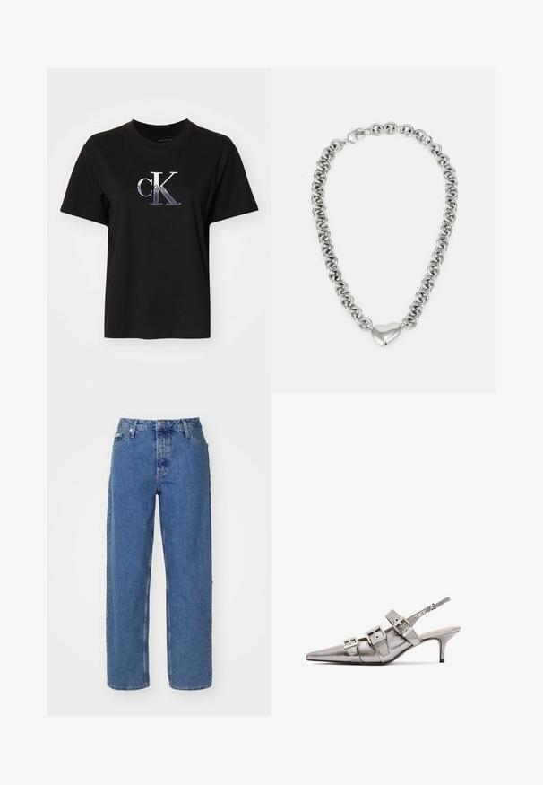 Czarny bawełniany t-shirt z okrągłym dekoltem. Posiada srebrny, wyszywany logo "cK" oraz napis "Calvin Klein Jeans" poniżej logo. Krótkie rękawy.; Jasnoniebieskie dżinsy o wysokim stanie, proste nogawki, pięć kieszeni i lekko wyblakła tekstura. Zapięcie na nit i guzik.; Metaliczne srebrne buty na obcasie typu slingback z ostrym noskiem, z trzema szerokimi paskami i kwadratowymi, metalowymi klamrami. Błyszcząca tekstura i smukły obcas.; Srebrny naszyjnik łańcuszkowy z połączonymi okrągłymi ogniwami i wypolerowanym akcentem w kształcie serca na środku. Zawiera bezpieczne zapięcie.