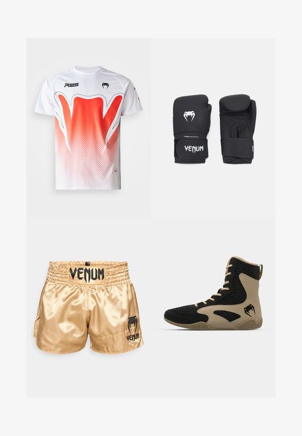 Camiseta deportiva blanca con un diseño de degradado que va de blanco a rojo, con un patrón geométrico y un logo negro en el pecho.; Pantalones cortos de boxeo de satén dorado con el logo negro "VENUM" en la cinturilla y en los laterales, que presentan una textura suave y una cinta elástica en la cintura para mayor comodidad.; Zapatilla deportiva de caña alta con un exterior de malla negra y acentos en beige. Suela de goma texturizada y detalle del logotipo en el costado.; Guantes de boxeo negros con una textura suave, con un logo de veneno en blanco y una correa ajustable de gancho y bucle para un ajuste seguro.