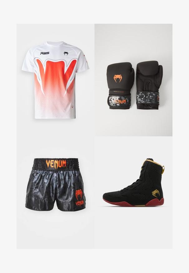 Valkoinen urheilupaita, jossa on valkoisesta punaiseksi menevä gradienttisuunnittelu, geometrinen kuvio ja musta logo rinnassa.; Mustat satiinibokset, joissa on kamouflagekuvio, joustava vyötärö ja kirkkaan oranssi "VENUM"-logo edessä.; Korkokenkä urheilukenkä, jossa on mustaa verkkoa ja synteettistä materiaalia, teksturoituja yksityiskohtia, punainen kumipohja ja kultaiset yksityiskohdat nilkassa.; Mustat nyrkkeilyhanskat, joissa on mattapinta ja ergonominen muotoilu. Oranssit logot yksityiskohtina ja maastokuvioidut rannekkeen hihnat.