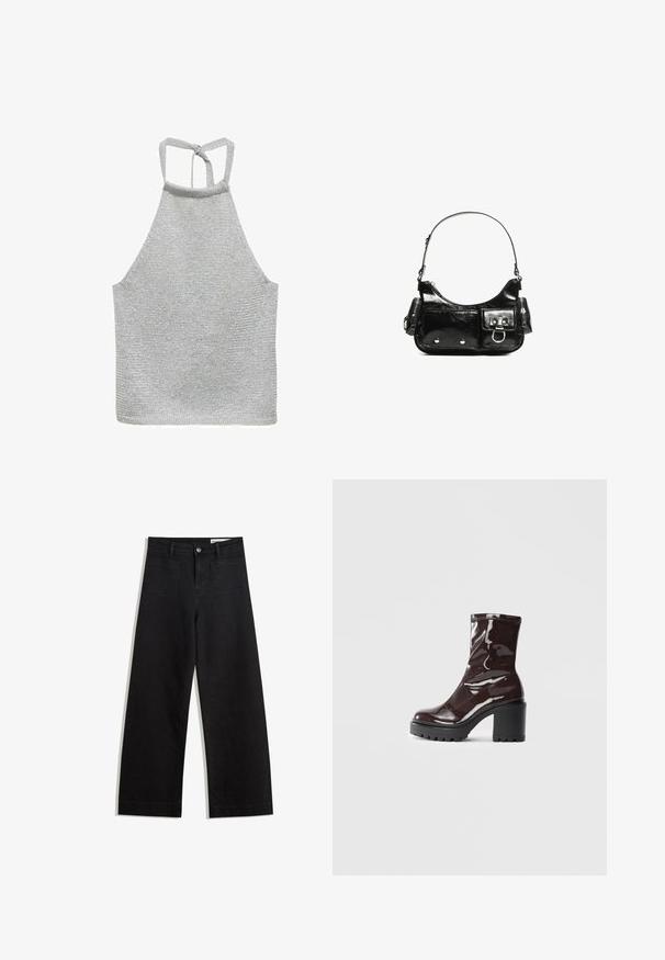 Mango MARIETA - Top - silver-coloured; Black wide-leg denim pants with a high waist, featuring front and back pockets, stitched seams, and a button closure. Smooth texture.; Glossy burgundy ankle boot with a chunky black heel, featuring a smooth texture and simple design. No visible fastenings or patterns.; Black patent leather handbag with a curved shape, one shoulder strap, front pockets, and silver-tone hardware accents.