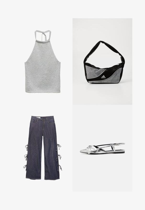 Mango MARIETA - Top - silver-coloured; Denim wijde broek in donkerblauw met zijstrikken en een knoopsluiting. Heeft voorzakken en een ontspannen silhouet.; Zilver metallic slingback ballerina's met een spitse neus, voorzien van een knoopdetail aan de voorkant en een verstelbare band voor een secure pasvorm.; Zwarte en zilveren adidas-handtas met een gladde textuur, voorzien van een glanzend gestofd patroon en een onderscheidend gebogen ontwerp.