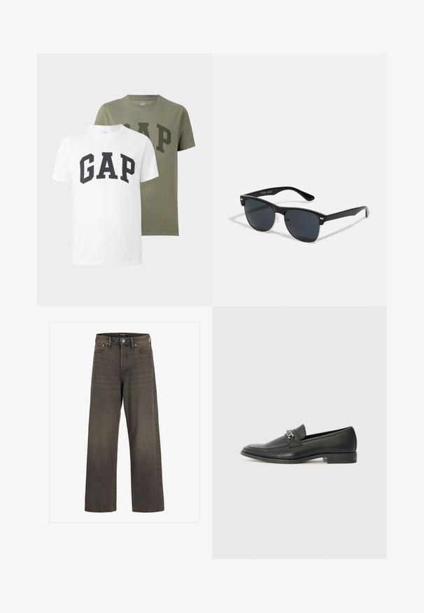 Două tricouri cu mânecă scurtă, de tip crew neck, unul alb și unul verde măsliniu, fiecare având inscripționat "GAP" în litere mari, pe piept.; Blugi cu picioare largi din denim gri închis, cu talie înaltă, design clasic cu cinci buzunare și cusături contrastante pe cusături.; Pantofii negri din piele cu un finisaj neted, având un design cusut și un accent decorativ de lanț metalic peste partea de sus. Toc plat.; Ochelari de soare negri cu o formă rectangulară, lentile întunecate, accente argintii la tâmple și un finisaj mat pe cadru.