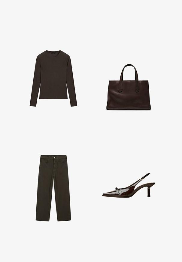 Brun langærmet skjorte lavet af blødt stof, med rund halsudskæring og let tætsiddende silhuet, med en glat tekstur og uden mønstre.; Mørkegrønne brede jeans lavet af en bomuldsblanding, med en frontlukning med knap, fem lommer og klassisk denim-syning.; Brun patentlæder slingback sko med spids tå, lav hæl og en dekorativ sløjfe foran. Glat, skinnende tekstur.; Brun læder tote bag med to forlængede håndtag, struktureret rektangulær form, glat overflade og subtile syninger.