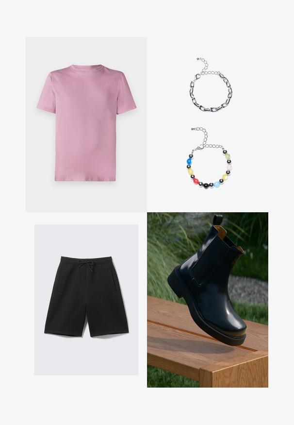 Ροζ βαμβακερό μπλουζάκι με λαιμόκοψη, κοντά μανίκια και λεία υφή. Απλός, χωρίς διακοσμήσεις σχεδιασμός χωρίς λογότυπα ή μοτίβα.; Μαύρες αθλητικές βερμούδες από μαλακό ύφασμα, με ελαστική ζώνη και κορδόνι, καθώς και δύο μπροστινές τσέπες. Λείο υφή, μήκος ως το γόνατο.; Μαύρη δερμάτινη μπότες Chelsea με λεία επιφάνεια, ελαστικές πλευρικές πάνελ, στρογγυλή μύτη και παχιά καουτσούκ σόλα, τοποθετημένες πάνω σε ξύλινη επιφάνεια.; Ασημένια βραχιόλι αλυσίδας με επιμήκεις κρίκους από πάνω. Κάτω από αυτό, ένα πολύχρωμο βραχιόλι με χάντρες σε μαύρο, μπλε, πράσινο, κίτρινο, κόκκινο και διάφανο.