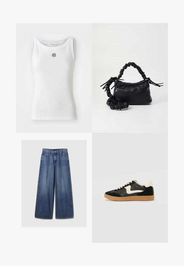 Biely tielko vyrobené z pruhovanej látky, s výstrihom do tvaru srdca a čiernym logom na prednej strane. Bezrukávový dizajn s priliehavým strihom.; Džíny s širokými nohavicami v modrej farbe s vyblednutým povrchom, s gombíkom a zipsom, piatimi vreckami a pútkami na opasok.; Čierne semišové a kožené tenisky s krémovým bočným prešívaním a svetlo krémovou pätou. Obsahujú béžové šnúrky a podošvu z gumeného kaučuku.; Čierna umelá kožená kabelka s kroko vzorom, sťahovaným vrchom a zhnutým popruhom. Vyzerá mäkko a kompaktné v dizajne.