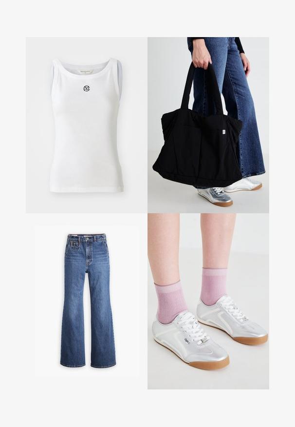 Top sin mangas blanco hecho de tela acanalada, con un escote redondeado y un logo negro en la parte delantera. Diseño sin mangas con una silueta ajustada.; Pantalones vaqueros de denim azul de cintura alta con un diseño de pierna ancha, que cuentan con un bolsillo delantero, cierre de botón de bronce y costuras en contraste.; Zapatillas deportivas plateadas con acentos blancos y suelas de goma, combinadas con calcetines rosa de canalé, mostrando un diseño de perfil bajo.; Bolsa tote de tela negra con un diseño acolchado, dos asas resistentes y una pequeña etiqueta con el logo en la parte frontal, sostenida por una persona con pantalones de mezclilla.