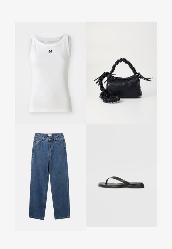 White tank top made of ribbed fabric, featuring a scoop neckline and a black logo on the front. Sleeveless design with a fitted silhouette.; Classic blue denim jeans with a straight-leg design, five pockets, and a button closure. Features a medium wash and sturdy texture.; Black flip-flop made of smooth leather, featuring a thin strap design and a flat sole with a minimal profile. No notable patterns or accents.; Black faux leather handbag with a crocodile texture, cinched top, and a scrunched strap. Appears soft and compact in design.