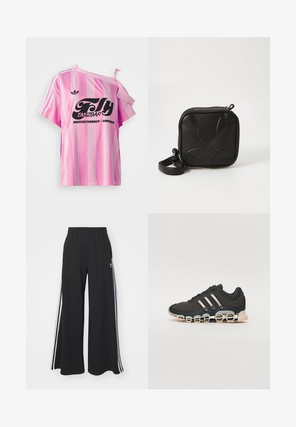 Růžové pruhované tričko s jedním odhaleným ramenem, se černým grafickým textem "Fly TANZBAR Obertattenbach – Birnbach" a třemi bílými pruhy na rukávech.; Černé pohodlné tepláky širokého střihu s elastickým pasem, na boční straně s bílými pruhy a vyšitým logem na levé stehně.; Černá atletická bota s texturovaným svrškem, třemi stříbrnými pruhy a výraznou odpruženou podrážkou se spoustou integrovaných sekcí.; Černá crossbody taška vyrobená z texturovaného syntetického materiálu. Obsahuje embosované logo a nastavitelné popruhy. Zapínání na zip.