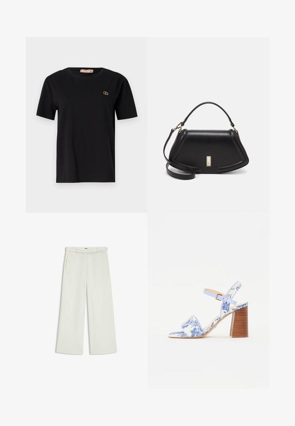 Sort bomulds-T-shirt med korte ærmer, rund halsudskæring og et lille guld logo på brystet. Glat tekstur og normal pasform.; Bredde bukser i lys cremefarvet stof, med sidelommer, flad front og en enkelt knaplukning i taljen. Glat tekstur.; Blå blomstrede sandaler med firkantet tå, bred rem og justerbar ankelrem, med en tekstureret træblokhæl.; Sort læderhåndtaske med en struktureret design, der har en kortet form, tophåndtag og guld hardware-accenter. Justerbar skulderrem inkluderet.