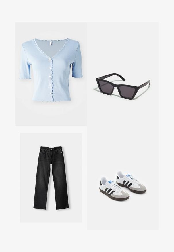 Light blue ribbed short-sleeve cardigan with a V-neck, scalloped edges, and five white buttons down the front, made of soft fabric.; Bershka Straight leg jeans - mottled dark grey; Sport shoes with a white leather upper, gray suede toe, and three black stripes. Features a blue logo on the tongue and a textured rubber sole.; Black, angular sunglasses with gray lenses; made of plastic, featuring thick arms with a smooth surface and no visible hardware.