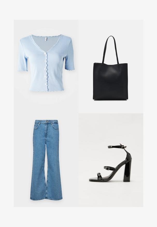 Cardigan a maniche corte rigato blu chiaro con scollatura a V, bordi scanalati e cinque bottoni bianchi sul davanti, realizzato in tessuto morbido.; Jeans svasati di un blu chiaro, realizzati in denim, con vita alta, cinque tasche e chiusura a un bottone. Morbido al tatto con una finitura scolorita.; Sandali con tacco in vernice nera, con punta squadrata, cinturini alla caviglia e fibbie in argento. Presentano un tacco a blocco spesso per maggiore stabilità.; Borsa tote in pelle nera con texture liscia, forma rettangolare e due manici lunghi. Nessun hardware o decorazione visibile.