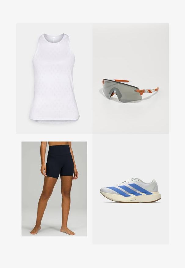 Witte mouwloze sporttop van meshstof, met een getextureerd ruitpatroon en een ronde halslijn.; Zwarte high-waisted shorts gemaakt van rekbaar materiaal, met een gladde textuur en een strakke pasvorm die tot halverwege de dij valt.; Witte sportschoen met blauwe strepen, geztructureerde bovenkant, platte zool en "LIGHTSTRIKE PRO" branding aan de zijkant. Laag profiel ontwerp.; Sportzonnebril met een grijze lens, oranje accenten en patroon in de witte armen. Ontworpen voor prestaties met een rondlopende vorm.