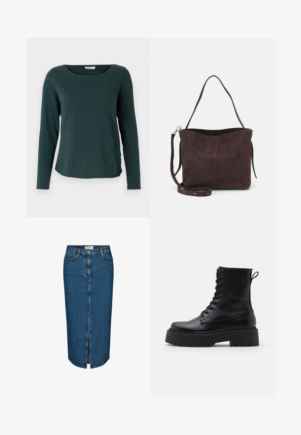 Marc O'Polo DENIM LONGSLEEVE - Top s dlhým rukávom - evergreen; Džínová sukňa nastavujúca na ceruzku v tmavomodrej farbe, s predným rozparkem, piatimi vreckami a kontrastným prešívaním. Stredne vysoký pás s klasickým dizajnom.; Čierne kožené členkové topánky s okrúhlou špičkou, šnurovaním vpredu a hrubou gumovou podrážkou s textúrovaným vzorom. Sťahovací pútko na zadnej strane.; Hnedá semišová taška s mäkkou textúrou, vybavená jedným ramenným popruhom a jemne zakriveným horným otvorom. Bez viditeľných hardvérových detailov.