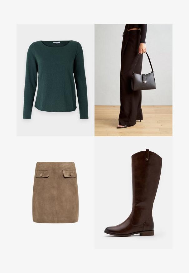 Marc O'Polo DENIM LONGSLEEVE - Hosszú ujjú felső - evergreen; Barna szarvasbőr mini szoknya sima textúrával, két elülső hajtókával és gombos záródásokkal mindkét oldalon. Egyszerű, egyenes szabás.; Barna, térdig érő csizmák sima bőrből, lekerekített orral, alacsony, rakott sarokkal és diszkrét varrással az oldalán.; Fekete kézi táska strukturált formával, sima textúrával és fémből készült záródással. Széles fekete nadrággal és nyitott orrú szandállal párosítva, fából készült padlón.